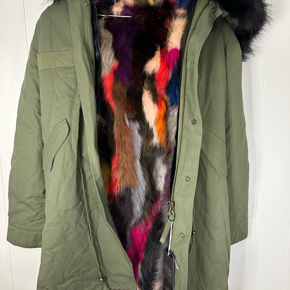 JAZZEVAR Olive Utility Jacket with Vibrant Faux Fur